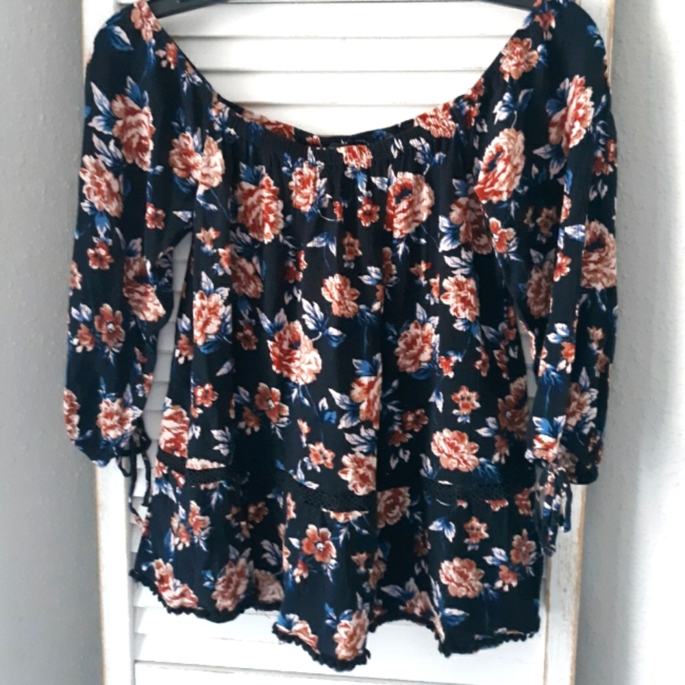 AE Floral Navy Peasant Top